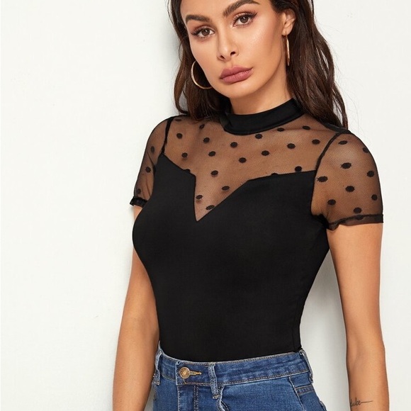 NEW Mesh Polka Dot Short Sleeve Tee Top - Picture 7 of 8